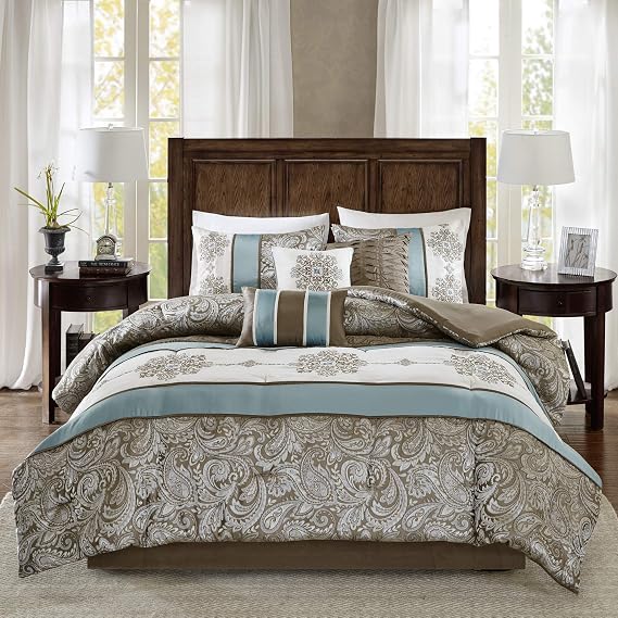 Madison Park Comforter Faux Silk-Traditional Luxurious Jacquard Design All Season Set, Matching Bed Skirt, Decorative Pillows, Queen(90"x90"), Blue 7 Piece
