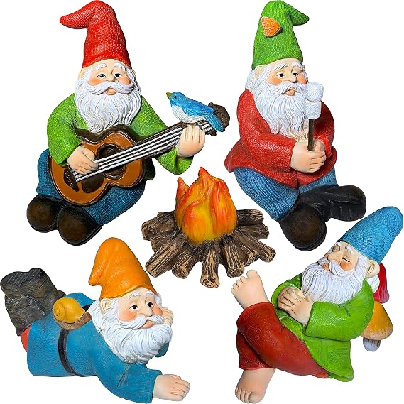 Mood Lab Garden Gnome Figurines - Camping Gnomes Set (5 pcs) - 2.6" H Miniature Decorative Statues & Accessories - Outdoor & Indoor Garden Decor