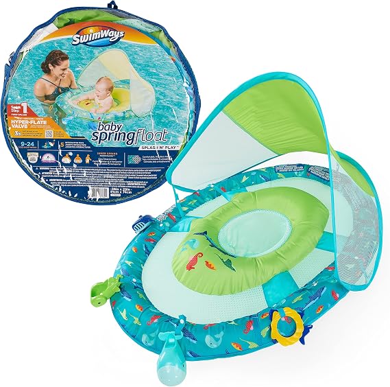 Swimways Sun Canopy Inflatable Toddler Spring Float - Splash N Play | 特許取得済みのインナースプリングがバランスを高めます。素早く膨らませることができます。感覚玩具4個とキャリーバッグが付属。保護用の取り外し可能なキャノピー。