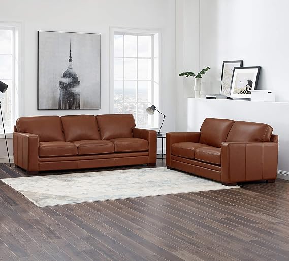 Hydeline Dillon Top Grain Leather Sofa and Loveseat Set, Cinnamon Brown, Feather Down, Memory Foam and Springs Seating