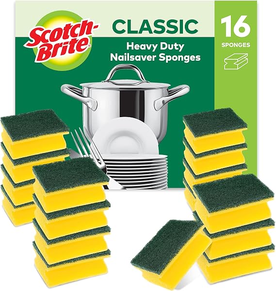 Scotch-Brite Classic Heavy Duty Scrub Sponge, 16 Pieces - Durable Scourer that Easily Removes Grease & Burnt-on Food
