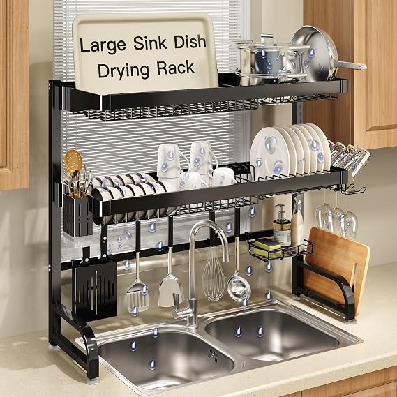 MAJALiS 3 Tier Extra Large Stainless Steel Over The Sink Dish Drying Rack | Rust Proof Metal, Expandable Kitchen Sink Drainer, Counter Space Saving, Heavy Duty, Modern Black, Multifunctional Storage