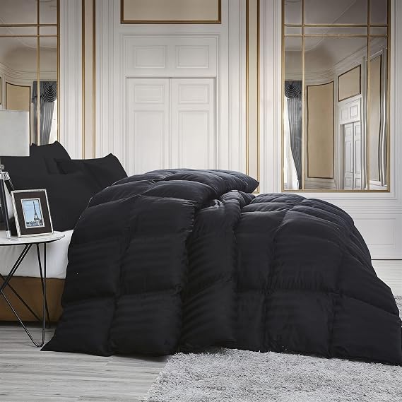 Luxurious Down Fiber and Waterfowl Feather Fiber Comforter Duvet Insert, 100% Cotton Cover, Queen Black Stripe
