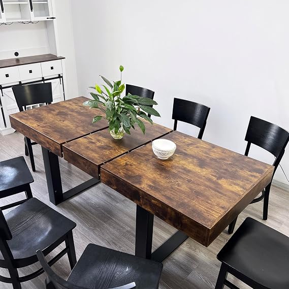 Extendable Dining Table for 6-8 Person, Wooden Dining Room Table, Farmhouse Country Rustic Extendable Kitchen Table with Leaf Rectangular for Dining Office Meeting Areas Brown