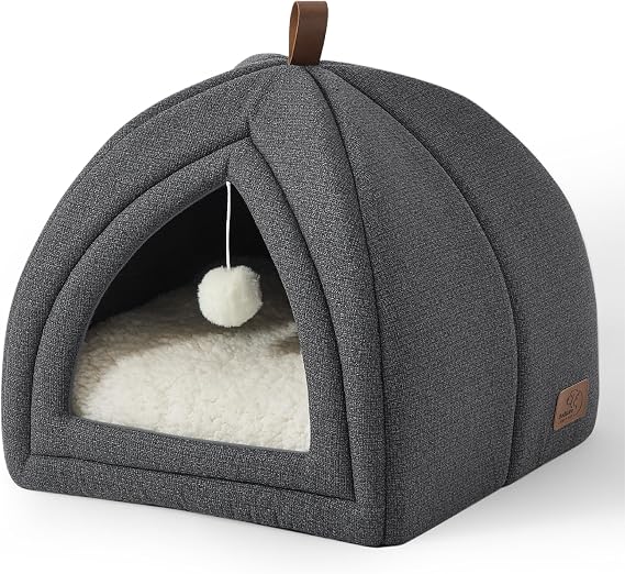 Bedsure Cat Cave Bed Igloo with Removable Washable Cushion, 40x40cm | Cat Tent Bed House with Sherpa cushion Pillow Foldable Portable Pet Bed, cozy plush, Dark Grey