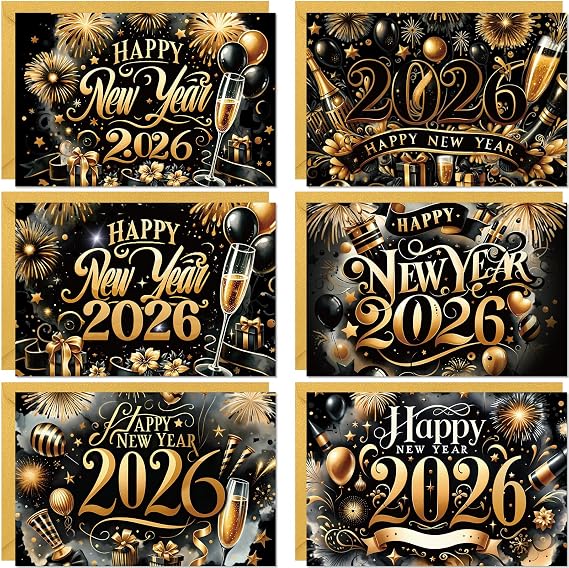 Fancy Land Happy New Year Cards 2026 New Year Greeting Cards with Envelopes Gold Holiday Notes for Party Supplies Favors 12Pcs