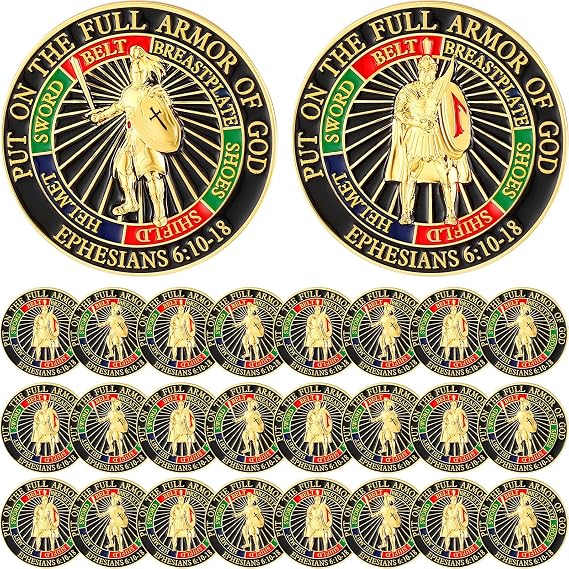 24 Pcs The Full Armor of God Courage Challenge Coins with Coin Case 3D Relief Design Prayer Bible Study Collection Ephe 6: 10-18 Christmas Christian Religious Prayer Gifts for Sunday School