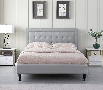 HomeLife Athena Premiere Classics Upholstered Linen Cloth Platform Bed Button Tufted 43.5" Tall Headboard Mattress Foundation Easy Assembly Light Beige Full Bed211 Grey