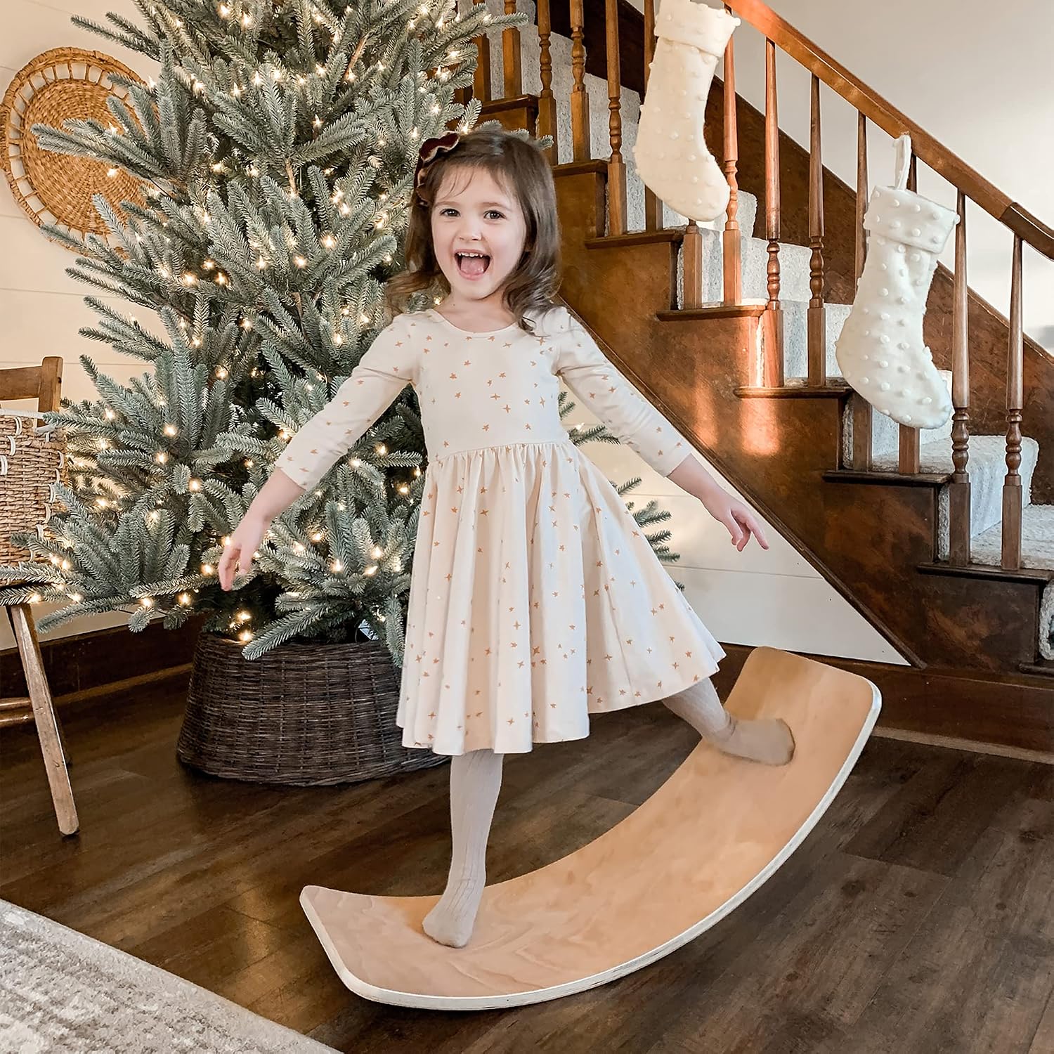 Wooden Balance Board Wobble Board Preschool Toys Early Learning Kid Yoga Curvy Board - Rocker Board Kid Size Natural Wood