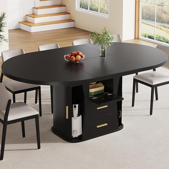 Extendable Dining Table 118–158 cm, Round to Oval Dining Room Table for 4–6 People, Kitchen Table with 3-Tier Storage, Space Saving Wooden Dining Table for Dining Room & Kitchen, Black