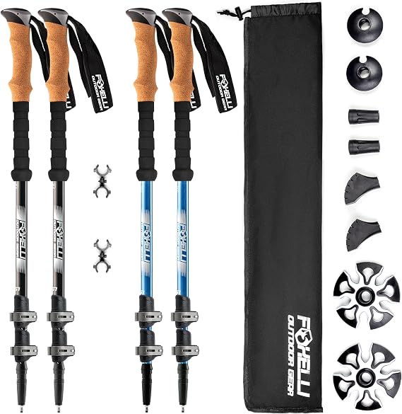 Foxelli Hiking Poles Bundle (2 Pairs) Black & Blue Collapsible Lightweight Aircraft-Grade Aluminum Trekking Poles with Accessories