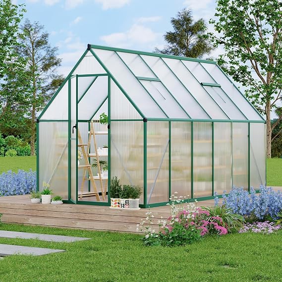 Outdoor Greenhouse, Large Walk-in Polycarbonate Green House with Aluminum Frame, Roof Vent, Lockable Push Door & Ground Nails for Garden Backyard (6x11FT)