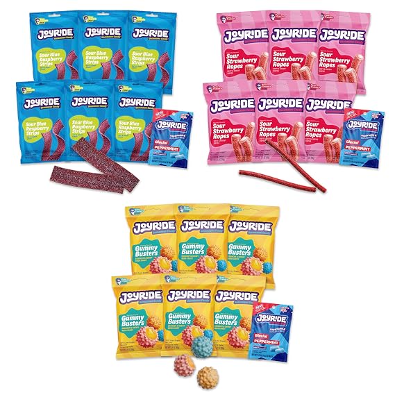 JOYRIDE Sampler Bundle - Blue Raspberry Strips + Sour Strawberry Ropes + Gummy Busters, Low Sugar, Low Calorie Snacks, Dye Free Candy
