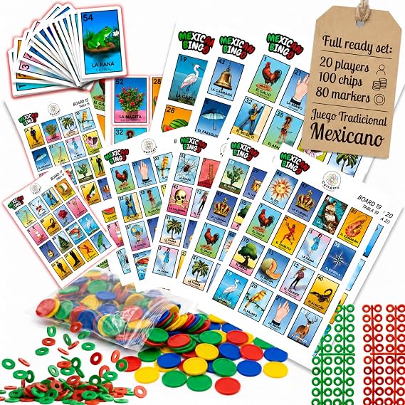 Cuitaxi Mexican Bingo Game with 100 Bingo Chips for 20 Players Made in Mexico - Mexican Gifts de lujo - Juegos de mesa - Spanish Board Games | Original classic cards mexican lottery | Spanish-English bingo thick pages, large print| Family parties and Spanish practice