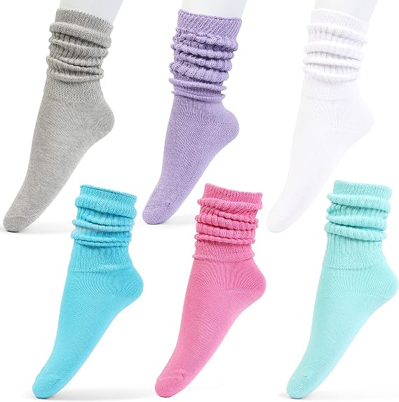 HOT FEET Girls Slouch Socks - 6 PK Tall Stacked Slouchy Socks, Warm Cotton Blend Long Calf Socks for Kids