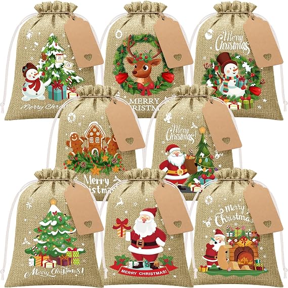 FLOE 24Pcs Christmas Burlap Gift Bags with Drawstring, 6x8in Christmas Linen Treat Bags with Tag Goody Gift Bag Small Jute Xmas Candy Reusable Gifts Wrapping Bag Xmas Holiday Party Favors Linen Sacks