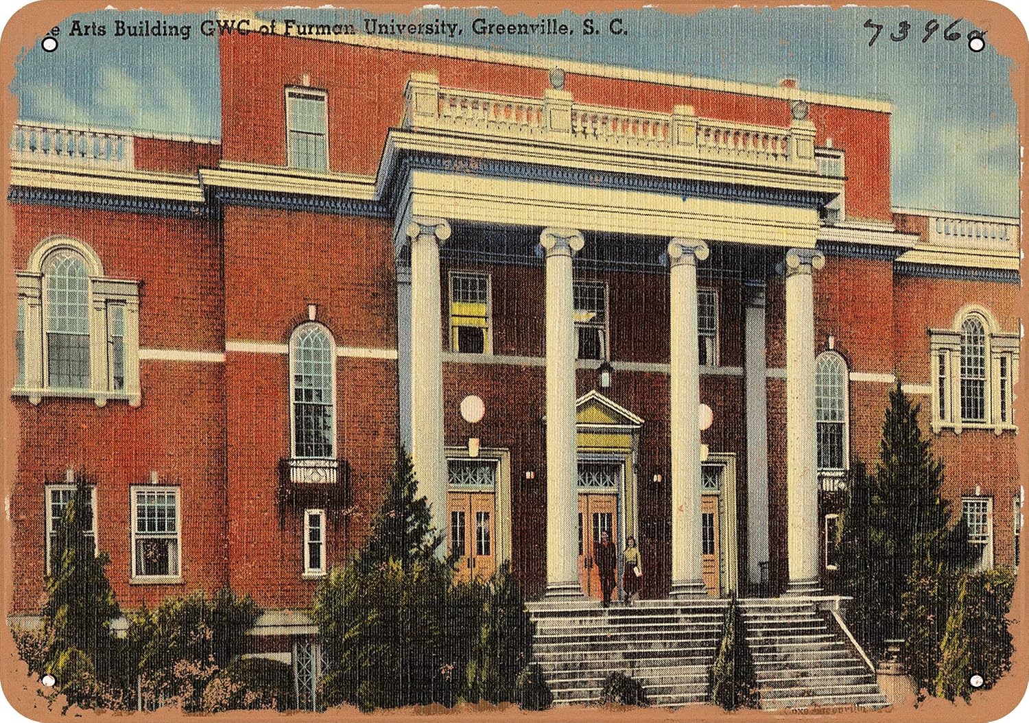 7 x 10 METAL SIGN - South Carolina Postcard - Fine Arts Building GWC of Furman University, Greenville, S. C. - Vintage Rusty Look