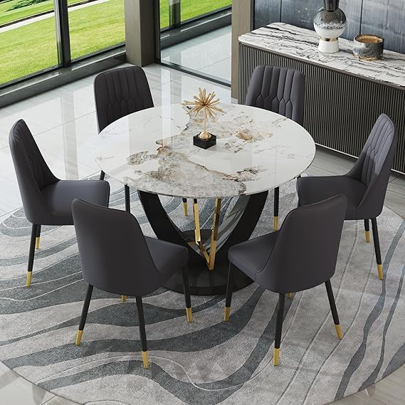 JUFU Round Dining Table Set for 6, 42" Dining Room Table with Faux Marble Tabletop and 6 Upholstered Chairs,Modern Round Kitchen Table Chairs Set for Kitchen, Living Room, Cafe, Restaurant