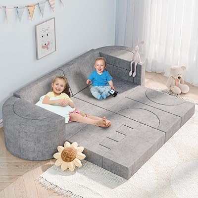 Betterhood 16pcs Modular Kids Play Couch, Child Sectional Sofa for Fun Play Time or Comfy Lounging, 1000DIY Creativing Playroom Furniture, Convertible Foam and Floor Cushion for Toddlers, Grey