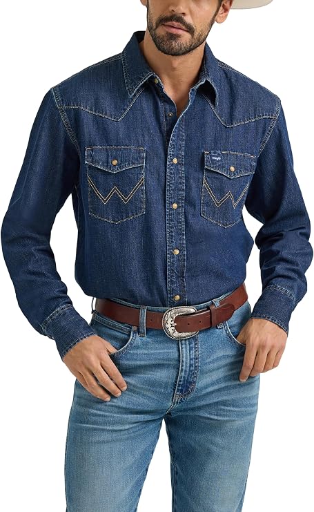 Wrangler Men's Denim Light Wash Long Sleeve Snap Shirt