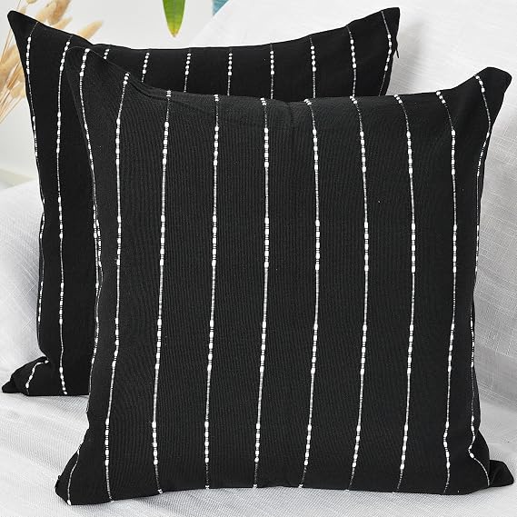 Black and White Pillow Covers 18x18 Modern Style Cotton Woven Striped Geometric Pattern Contemporary Cushion Covers Simple Throw Pillow Cases for Living Room Sofa Couch Bed Set of 2