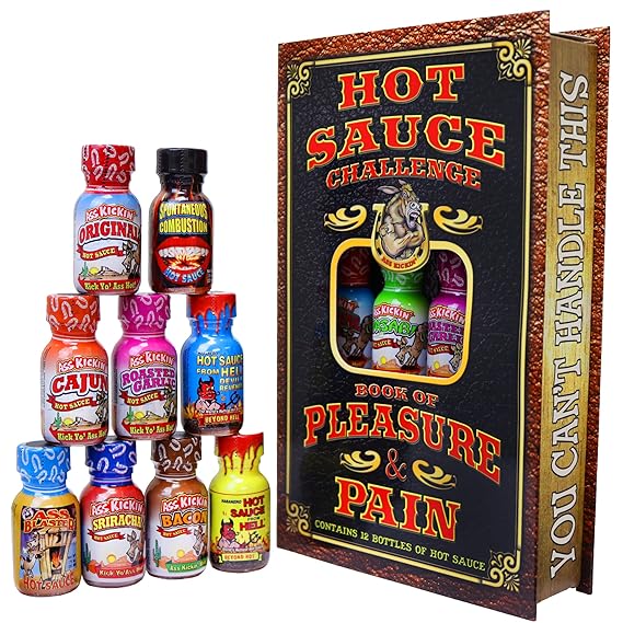Hot Sauce Challenge Book Of Pleasure & Pain - 12 0.75 Ounce Bottles Gift Set - Perfect Premium Gourmet Hot Sauce Gift Set - Try If You Dare!