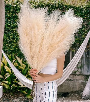 Pampas Mumblr Pampas Grass - Tall Big 4 Stems 43 Length Artificial Faux Dried Plants Faux Pampas for Flower Arrangements Wedding Decor Kitchen Decor Boho Home Decor Beige...