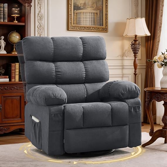 Swivel Rocker Recliner Chair for Adults, 360 Upholstered Manual Recliners for Small Spaces, Single Seat Glider Reclining Chair with Side Pockets, Ergonomic Reading Chair for Living Room, RV, Bedroom