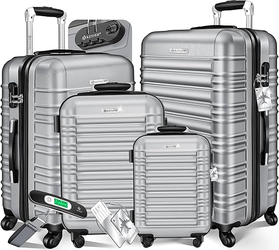 KESSER Set of 4 Hard Shell Suitcases, Hard Shell Suitcase, Trolley Suitcase Incl. Suitcase Scales + Luggage Tag, Suitcase with Wheels, Lock, 4 ABS Hard Cases, S-M-L-XL, Silver, 35 x 20 x 48 cm