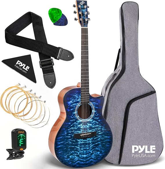 Pyle Blue Ocean Ripple, Steel String Acoustic Guitar with Solid Spruce Top&Glossy Finish, Full Size with Complete Accessory Kit, Digital Tuner, Great for Beginners, Student Practice, Kids and Adults