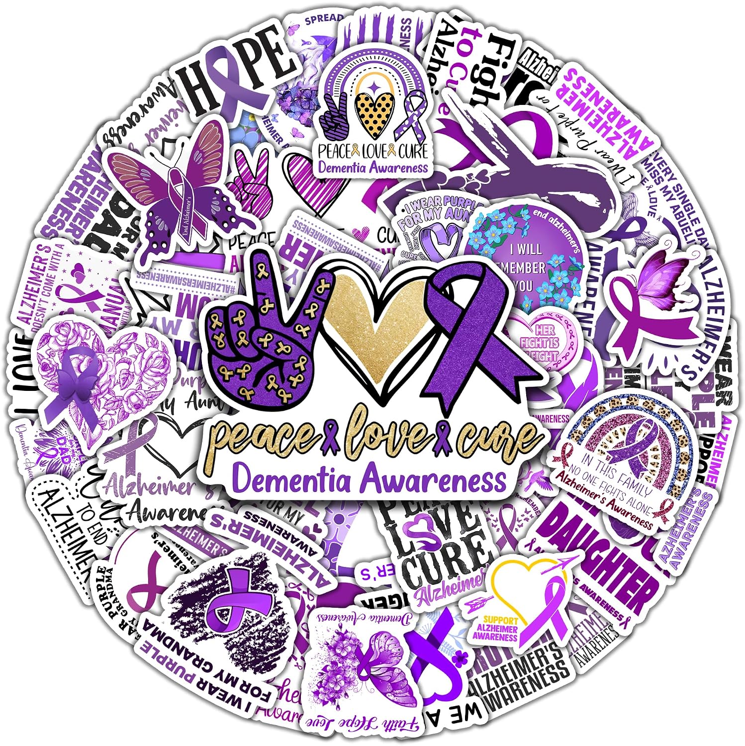 Pack 50 PCS Dementia Awareness Stickers Decorative Ribbon Car Bumper Water Bottle Laptop Vehicle Accessories Vinyl Decals Waterproof for Survivor Fight Inspirational Label