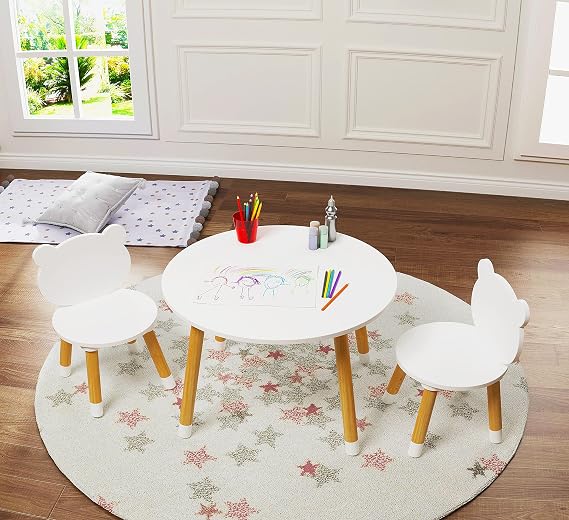 UTEX Bear-Themed Wooden Toddler Table and Chair Set for Kids' Room,White