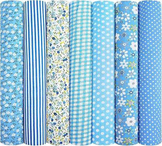 7pcs Fabric Bundles, 20"x20" Cotton Quilting Fabric Squares, Blue | Soft Durable Material & Stylish Patterns, Floral Precut Squares Patchwork for Quilting, Sewing, DIY Crafts, Mask, Home Décor