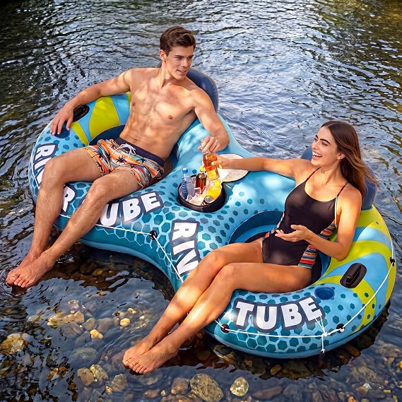 SLOOSH 2-Person Inflatable River Tube - Heavy Duty River Run Tubes Pool Lake Floats for Adults, Large Floating Raft Lounge Above Water Floaties with 2 Cup Holders & Removable Cooler