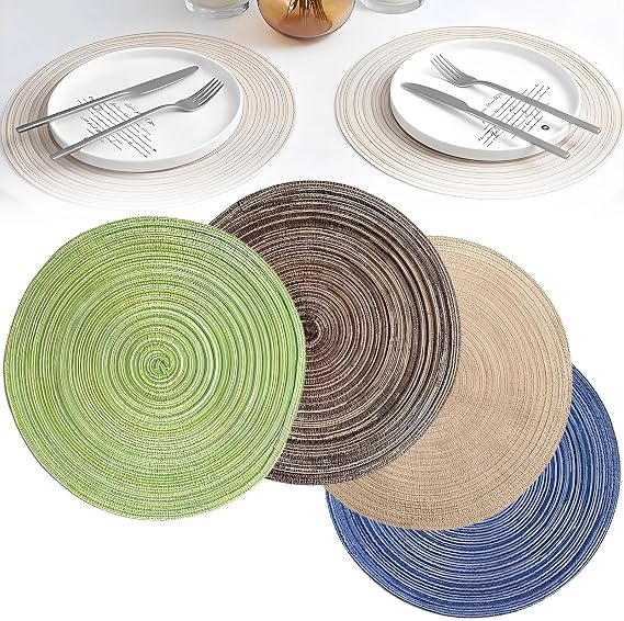 Round Woven Placemats Set of 4, 11.8 Inch Natural Water Hyacinth Braided Mats, Heat Resistant Non-Slip Wicker Place Mats, Rustic Boho Decor for Home, Dining, Wedding, Party, Mix Color