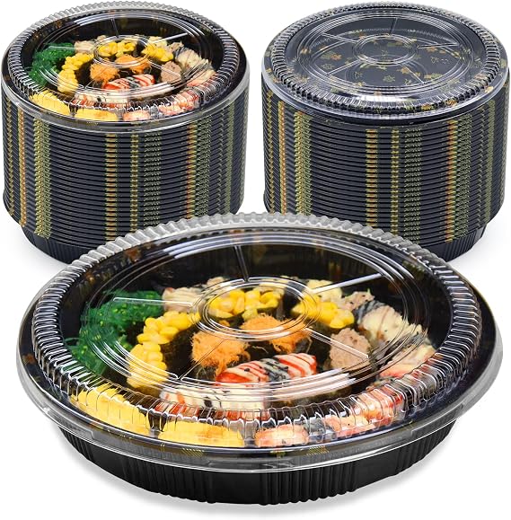 100Pcs Disposable Sushi Tray,Convenient and Eco-Friendly One-time Use Circular Sushi Tray with Transparent Lid (11.2-61#)