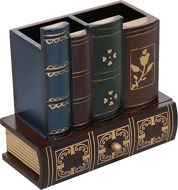 MyGift Decorative Desk Organizer Pen and Pencil Holder with Storage Drawer | Antique Library Book Design stationery storage writing tools caddy drawer compartment classroom workspace accessory supplies