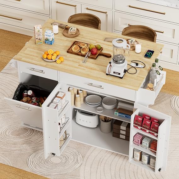 HQZX Rolling Kitchen Island with Trash Can Storage, Portable Kitchen Island Cart on Wheels with Drop Leaf & Power Outlet, Towel Rack & Spice Rack, Large Mobile Island Table for Kitchen, White