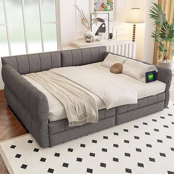 Queen Size Upholstered Platform Bed with USB and 2 Drawers (Gray@01)