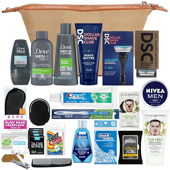 Convenience Kits International Mens Super Premium 34 PC Travel Kit Featuring: Travel-Size Hair Care Products Plus Face, Body, Oral Care, Travel Essentials in Large Canvas Toiletry Bag (Khaki)