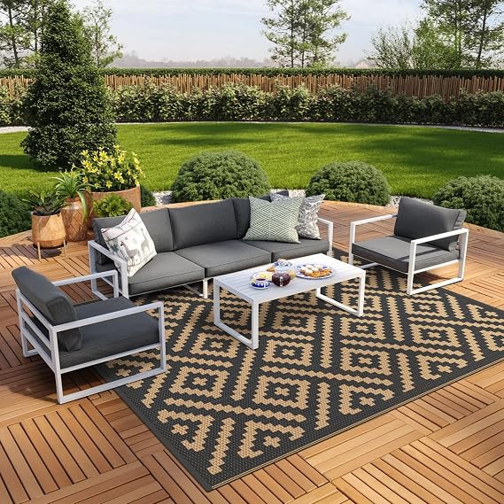 GENIMO Outdoor Rug, Waterproof Plastic Rugs 9'x12' for Camping Black Brown