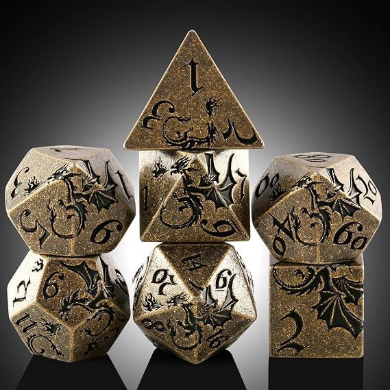 DNDND Metal D&D Dice, 7 PCS Brass Metallic D&D Dice Set with Random Color Gift Case for Dungeons & Dragons, Tabletop Games (Brass)