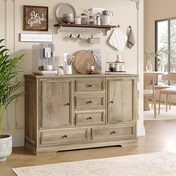 GarveeHome 47 Farmhouse Sideboard Buffet Cabinet,5 Drawers,2 Doors,Oak