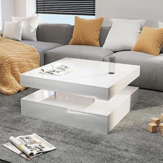 HedoAjim LED Coffee Table for Living Room, Living Room Table 2-Tier Square Center Table, Modern High Glossy Wood Coffee Tables with Storage, 15.7" Tall Tables for Dining Reception, White