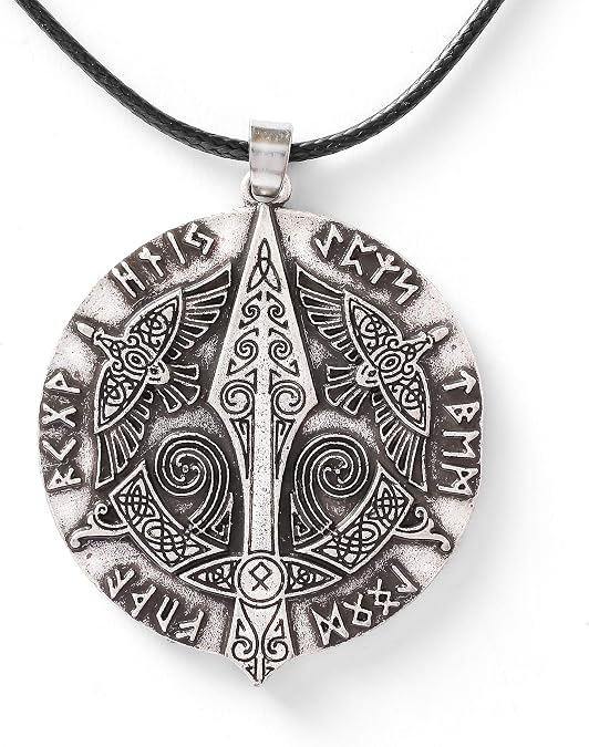 HAQUIL Viking Necklace, Odin Gungnir Huginn Muninn Ravens Medallion Pendant, Faux Leather Cord, Viking Jewelry Gift