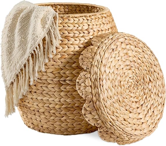 Best Choice Products Scalloped Multipurpose Hyacinth Storage Basket, Plant Decor, Handwoven Organizer Tote for Bedroom, Living Room, Nursey, w/Lid - Natural