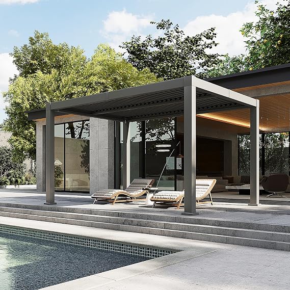 Louvered Pergola 10' x 12' Outdoor Aluminum Pergola with Adjustable Top for Decks, Gardens and Backyards, Gray