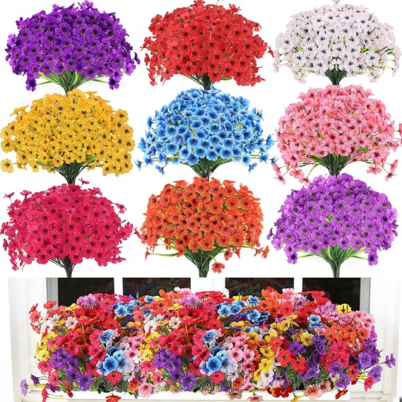 18 Bundles Artificial Flowers Outdoor, 9 Colors UV-Resistant Artificial Flowers, No Fade Plastic Faux Plants for Indoor Outside Garden Porch Window Box Farmhouse Wedding Decoration Hanging Planters