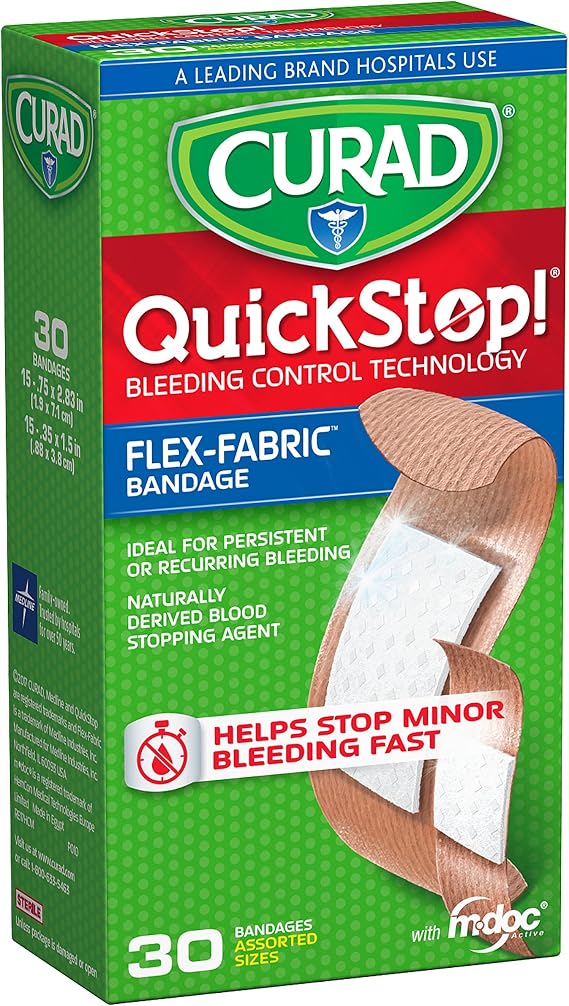 CURAD QuickStop Bleeding Control Flexible Fabric Bandages, Assorted Sizes, 30 Count