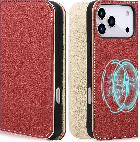 VISOUL Pebbled Leather Wallet Case for iPhone 17 Pro Max 6.9" 2025, Genuine Leather Flip Folio Cover with RFID Blocking Card Holders, Kickstand, Soft TPU Protective Flip Cover -Red+Milky White